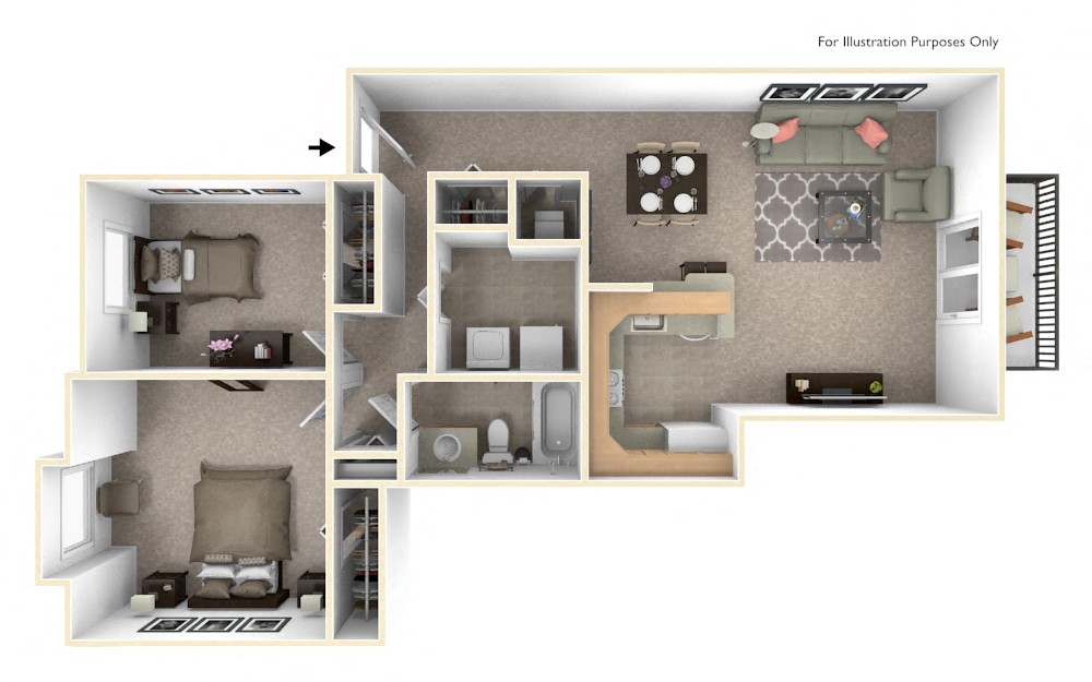Floor plan for 2 beds, 1 bath, 1000 sqft